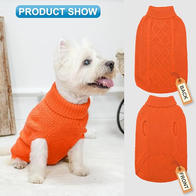 Mihachi Turtleneck Dog Sweater - Winter Coat Apparel Classic Cable Knit Clothes with Leash Hole for Cold Weather, Ideal Gift for Pet in New Year Orange Small/Medium