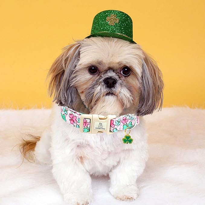 Lionheart glory St. Patrick Dog Collar, Clover Collars Pink Dog Collar for Medium Dogs Spring Female Dog Collar Adjustable Heavy-Duty Dog Collar Pet Gift Plastic Buckle