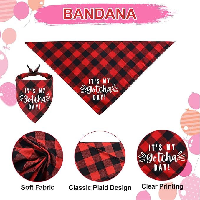 Dog Birthday Bandana Hat Bow Tie Set, 3 Pieces Foldable My Gotcha Day Plaid Dog Bandana Dog Birthday Party Hat with Cute Dog Bow Tie Collar for Dogs Cats Pets, Red