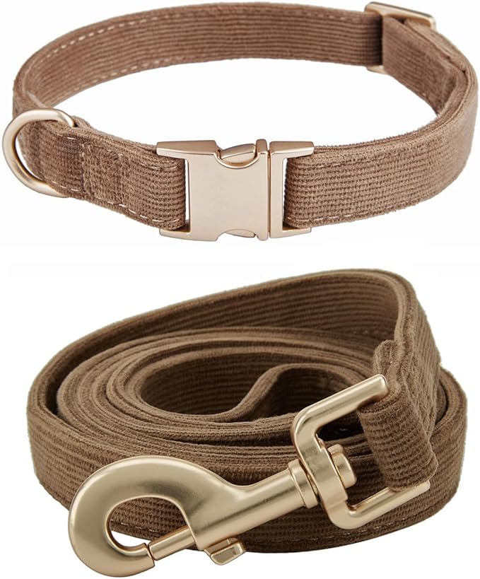 Soft Corduroy Dog Collar and Leash Set, Adjustable Cotton Dog Collars with Metal Buckle and Lead for Large Dogs,Brown