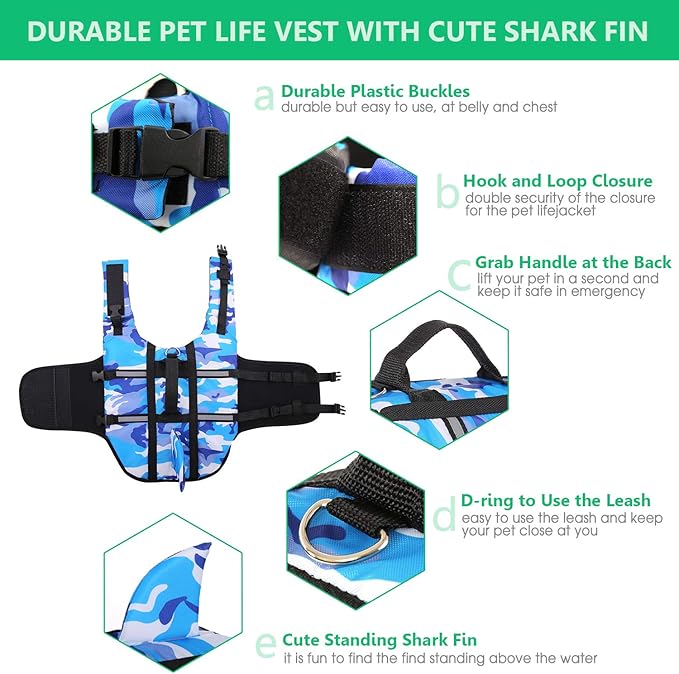 Queenmore Dog Life Jacket Pet Safety Vest High Buoyancy Camouflage Color Cute Shark with Strong Rescue Handle and Leash Ring for Boating, Canoeing, Surfing, Hunting, Blue M