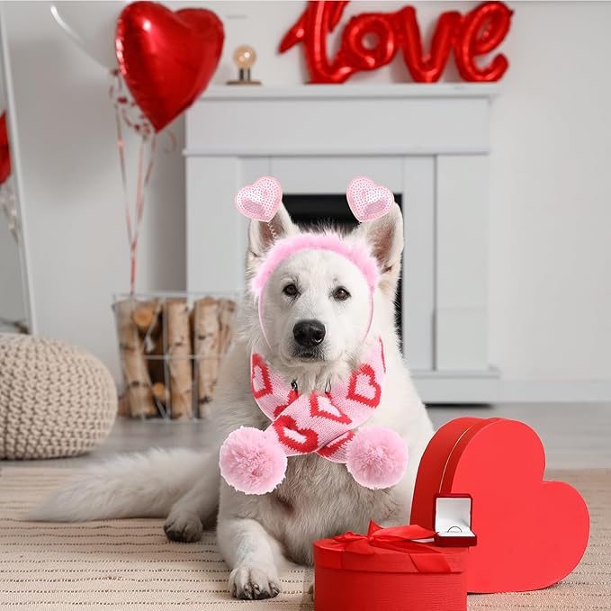 3 Pcs Valentine's Day Dog Costume Set Including Pink Valentines Love Headband Valentines Dog Tutu Dress Cute Pet Tutu Pink Valentines Pet Scarf for Medium Dogs Holiday Outfit Accessory
