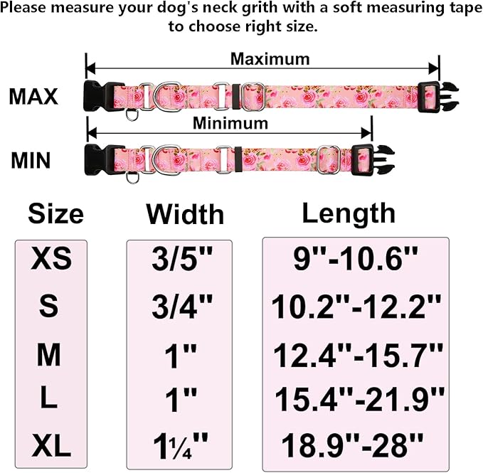 Female Martingale Dog Collar with Buckle Cute Girl Pink Floral Dog Collars for Medium Dogs, Watercolor Pink Rose