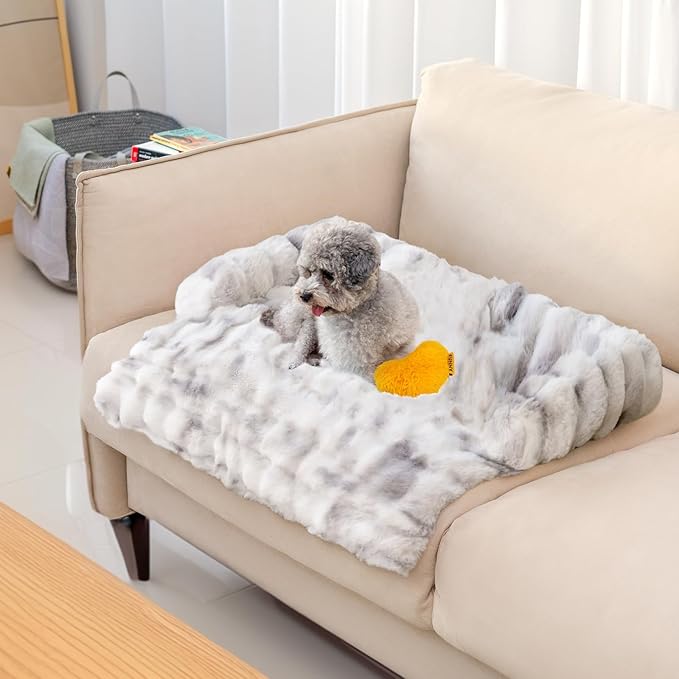 FUNNYFUZZY Calming Dog Bed Mat, Fluffy Fuzzy Couch Cover for Sofa, Furniture Protector with Removable Washable Cover for Small Dogs and Cats (Tie-dye Grey,27.56 × 24.02 × 5.51 in)