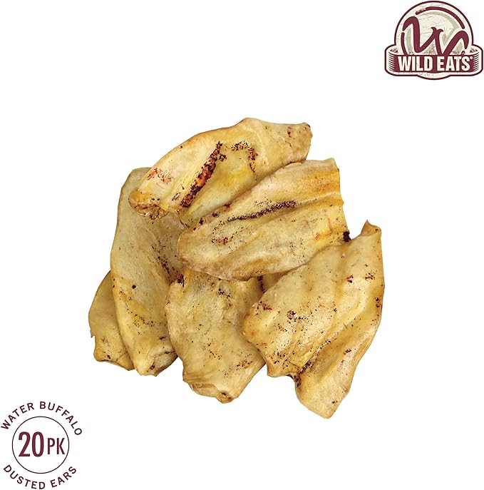 Water Buffalo All Natural Dusted Ear Dog Chews, Treats & Dog Snacks - 20 Piece Value Pack (Grain Free Treats - Great Alternative to Pig Ears, Cow Ears, Bones & Rawhides for Dogs)