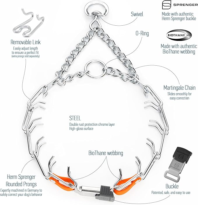 Herm Sprenger Chrome Plated Steel Dog Collar with Quick Release ClicLock Buckle and Biothane Insert Training Collar for Dogs Made in Germany (Hunter Orange, 23in x 3.2mm(Neck Size up to19-20in))