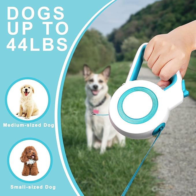 16Ft Retractable Dog Leash,Night Reflection,Light Weight Leash for Small to Dogs/Cats,Stainless SteelSpring,Strong Nylon Tape,One-Handed Brake(Blue-White)