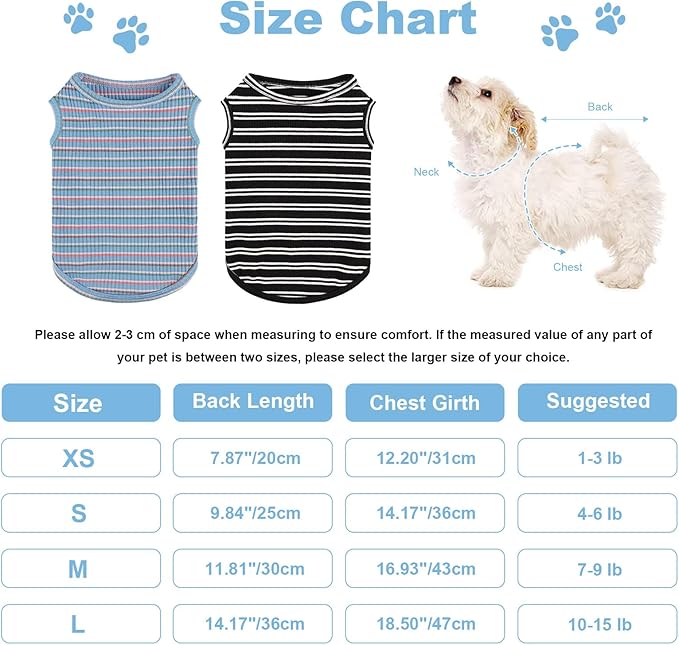 2Pack Dog Shirts for Small Dogs Girl Boy Striped Dog Shirt Vest Soft Stretchy Puppy Clothes Sleeveless Colorful Sweatshirt Small Puppy Outfit for Chihuahua Yorkie, Black+Blue, S