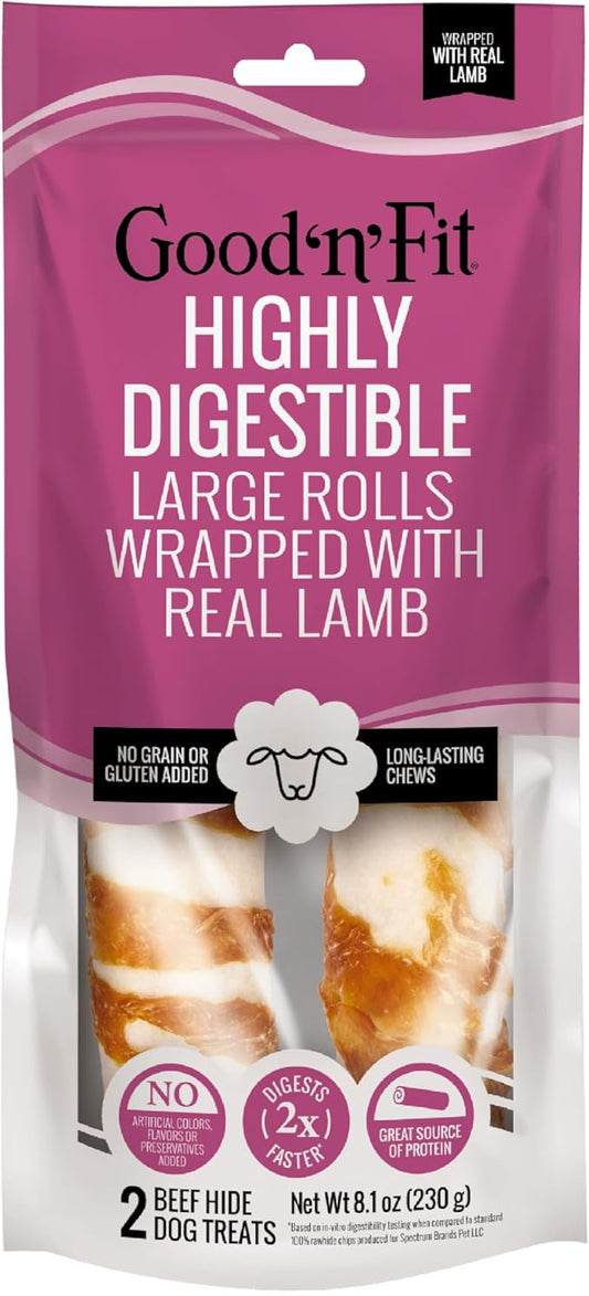 Good ‘n’ Fit Rolls Made with Real Lamb, 2 Large Rolls, Treat Your Dog to Long-Lasting and Highly Digestible Rawhide Chews