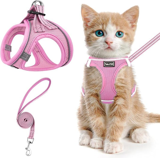 Cat Harness and Leash for Walking Escape Proof, Adjustable Kitten Vest Harness Reflective Soft Mesh Puppy Harness for Outdoor, Comfort Fit, Easy to Control (NPink, M)