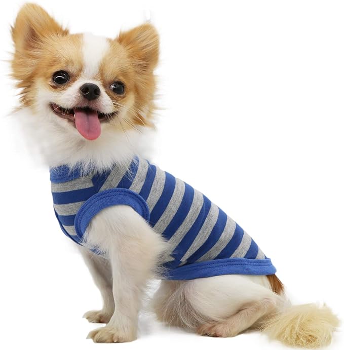 LOPHIPETS 100% Cotton Striped Dog Shirts for Small Dogs Chihuahua Puppy Clothes Tank Vest-Blue and Gray Strips/S