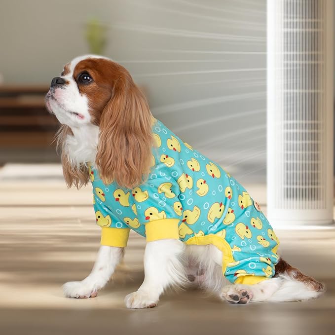 KYEESE Dog Pajamas Stretchy Pet Jammies Coat Comfy Pet Onesie Costume Velvet Dog Pajamas Small Sized Dogs Soft Dogs Clothes Pjs with Yellow Ducks Pattern, Large