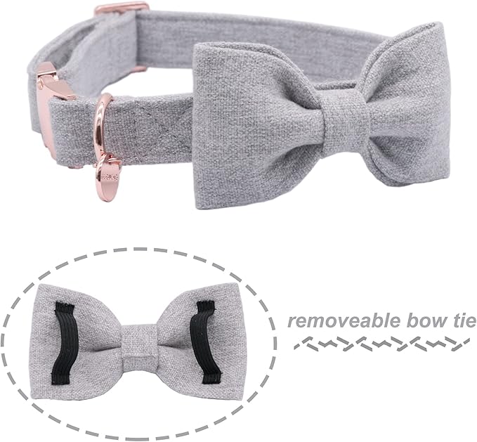 DOGWONG Hemp Cotton Dog Collar with Bow Grey Pet Collar Durable Adjustable Puppy Collar for Small Medium Large Dogs