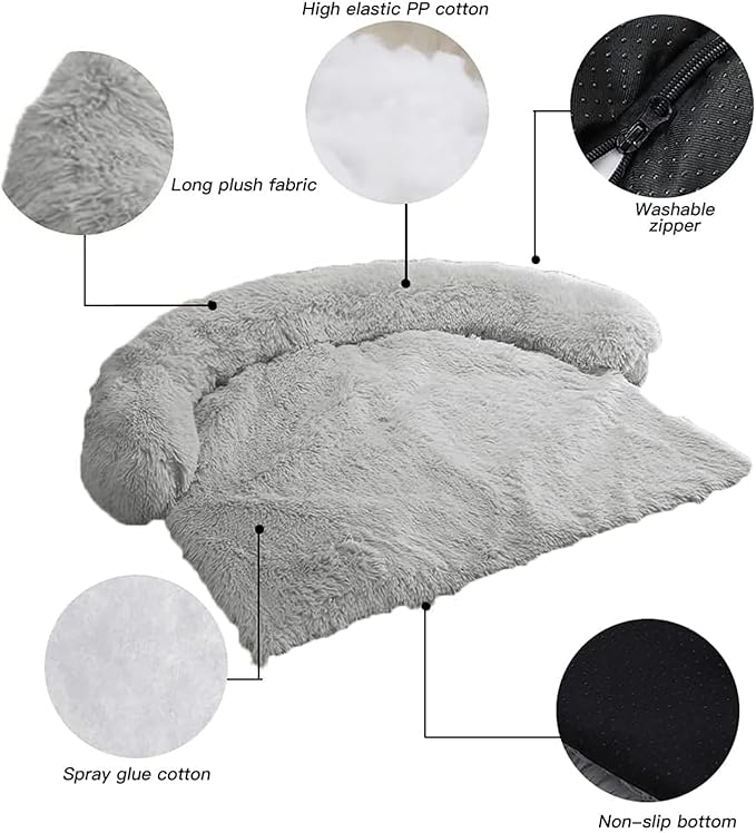 Calming Dog Bed Fluffy Plush Dog Mat for Furniture Protector with Removable Washable Cover for Large Medium Small Dogs and Cats (Large, Grey)