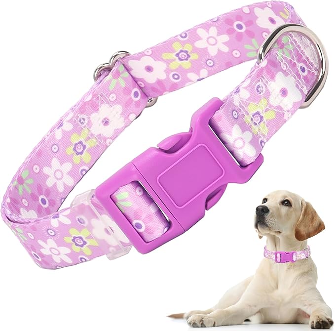 Girl Dog Collar with Purple Floral Patterns, Adjustable Cute Soft Pet Collar with Quick Release Buckle for Small Medium Large XL Dogs (Purple Flower XS)