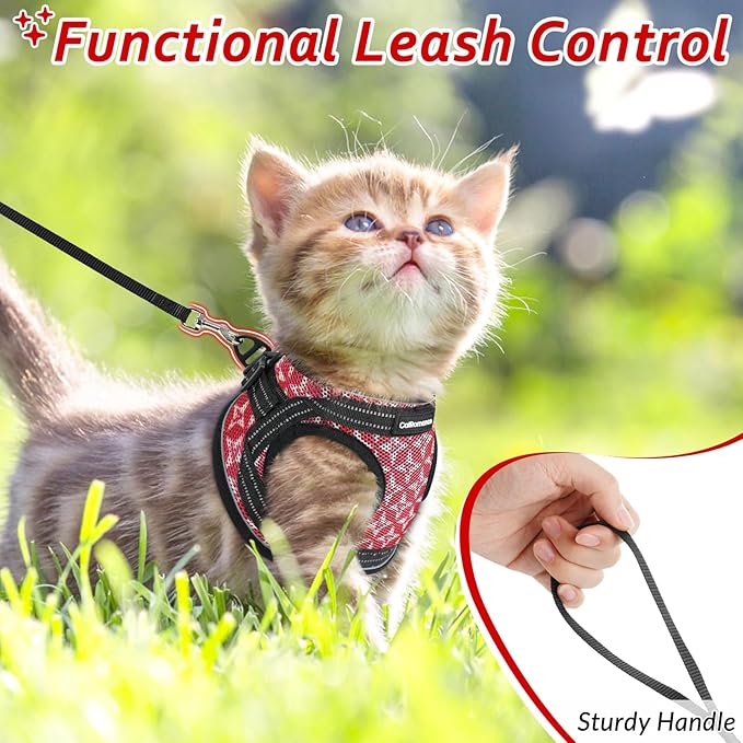 Cat Harness and Leash Escape Proof for Walking, Safe Adjustable Medium Kitten Vest Set with Reflective Strip for Kitty, Easy Control Comfortable Soft Outdoor Pet Harnesses, Red, Medium