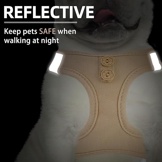 PUPTECK Dog Harness and Leash Set for Small Medium Dogs No Pull Step-in Soft Mesh Puppy Cat Vest Harnesses Reflective at Night, Denim Burlywood M