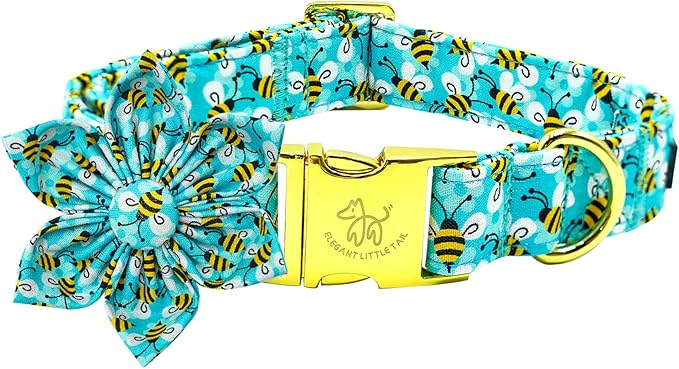 Elegant little tail Dog Collar with Flower, Flower Girl Dog Collar for Female Dogs Blue Bee Pet Collar Gift Adjustable Dog Collars with Flowers for Small Medium Large Dogs