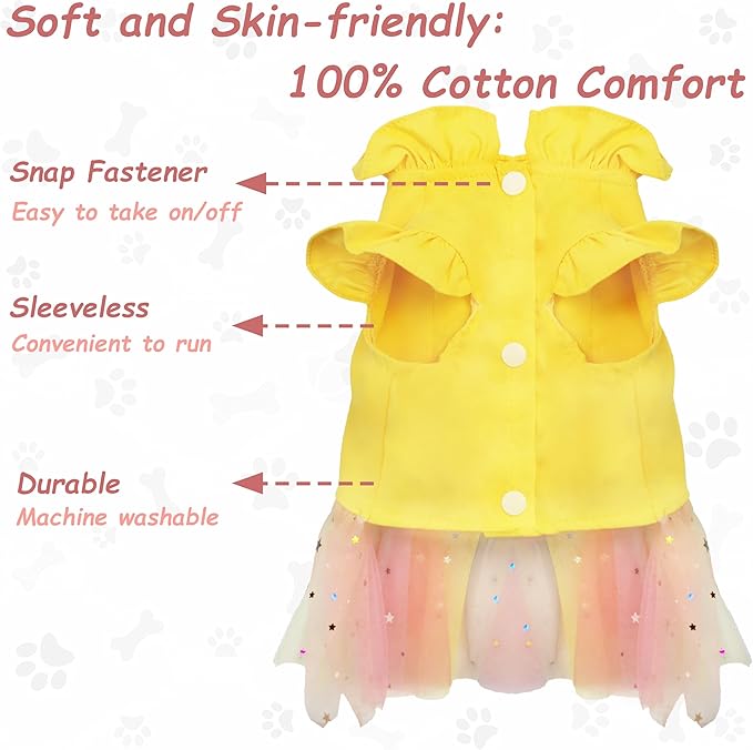 Dog Lace Dress,Dog Dress for Small Dogs,Back Traction Buckle,Dog Clothes,Cat Apparel,Pet Skirt,Yellow,L