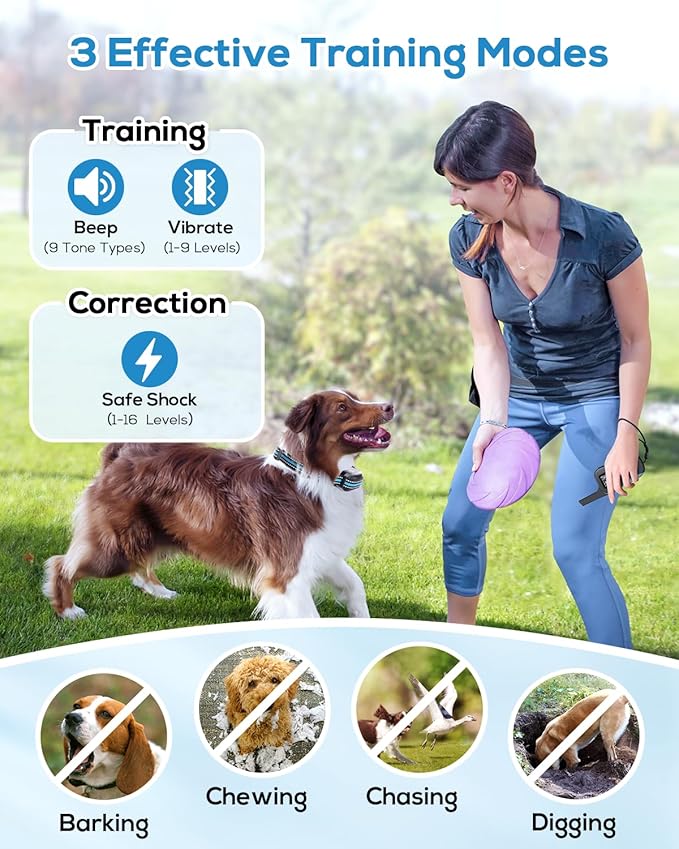 Dog Shock Collar for 2 Dogs (5-120lbs) 3300FT Dog Training Collar with Remote, Rechargeable E-Collar Waterproof Collars with 3 Training Modes for Large Medium Small Dog-Blue