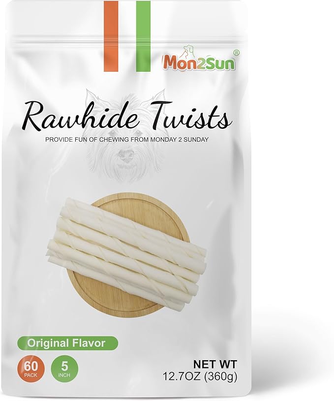 MON2SUN Dog Rawhide Twist Sticks Natural 5 Inch Thin Sticks Rawhide Chews Treats for Puppy and Small Dogs 60 Count, 12.7oz