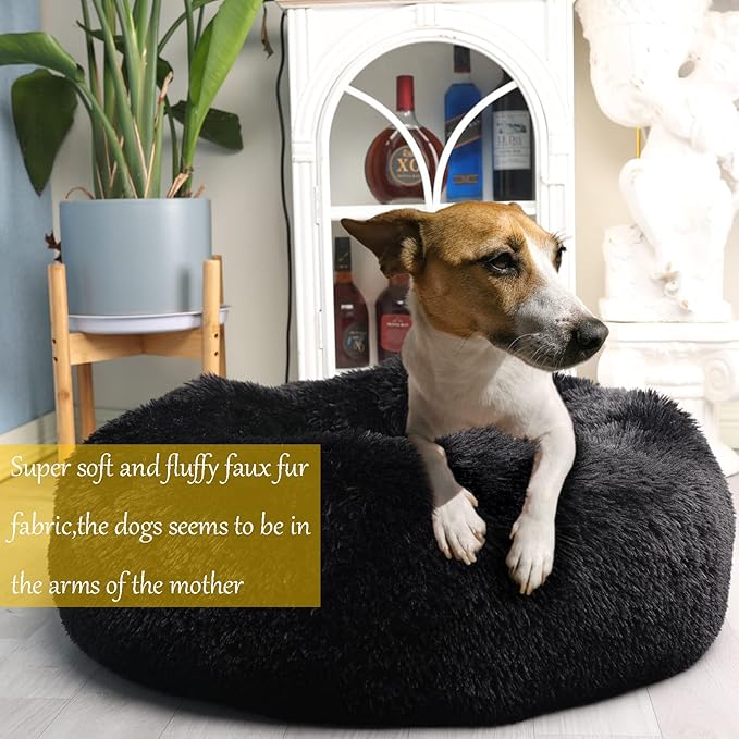 Round Dog Beds for Medium Dogs Fluffy and Soft Pet Bed Faux Fur fit 30lbs Puppy or Cats,30 Inches Black