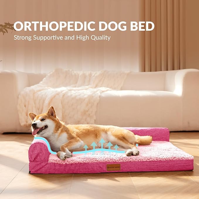 Patas Lague Orthopedic Dog Bed for Medium Dogs, Waterproof L Shaped Medium Pet Sofa Beds with Removable Washable Cover, Soft Comfortable Pet Couch Mat with Nonskid Bottom, 30''X20'' Pink