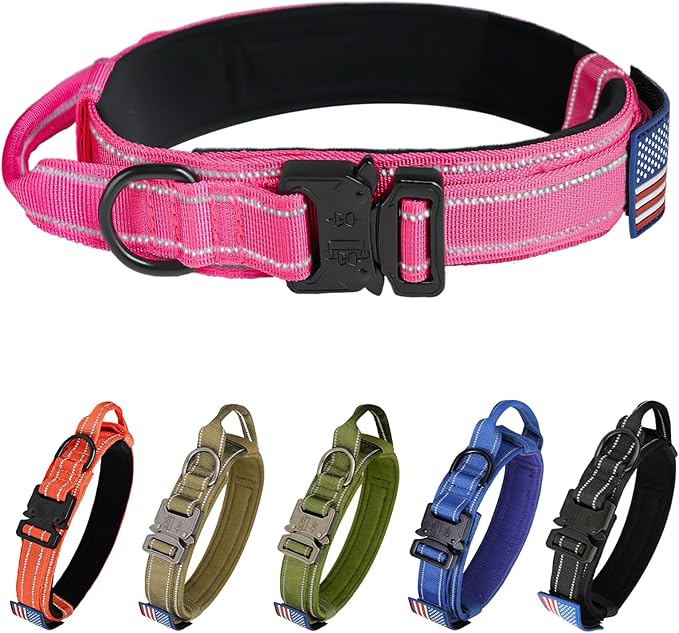KCUCOP Tactical Dog Collar for Medium & Large Dogs - Military Nylon Heavy Duty Collar with Handle, Reflective Strip & Metal Buckle for Training, Outdoor (Pink Reflective, Large)