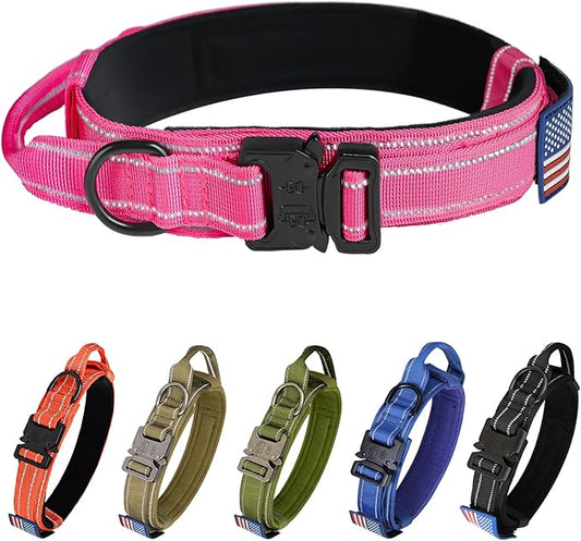 KCUCOP Tactical Dog Collar for Medium & Large Dogs - Military Nylon Heavy Duty Collar with Handle, Reflective Strip & Metal Buckle for Training, Outdoor (Pink Reflective, Large)