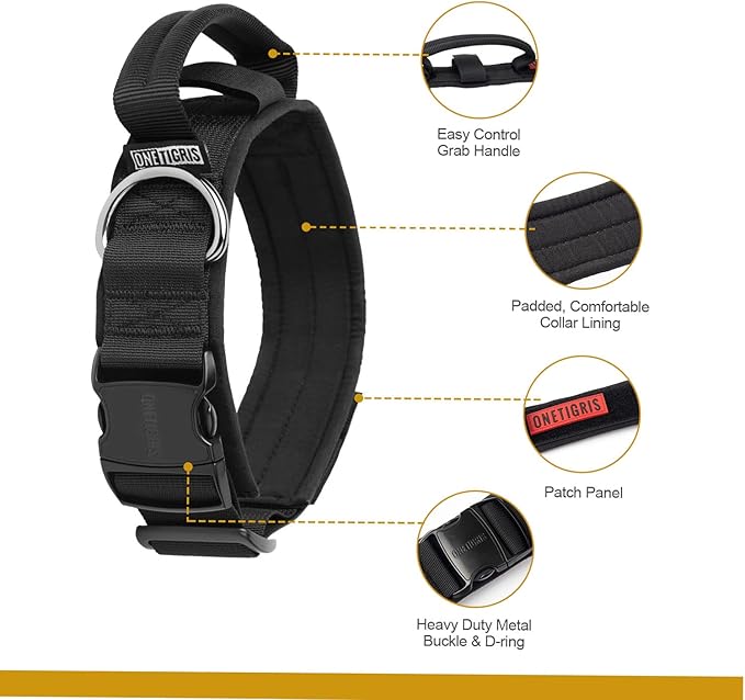 OneTigris Tough Dog Collars, Tactical Dog Collar with Handle, Milltary Adjustable Dog Collar with Heavy Duty Metal Buckle for Training (Large(Pack of 1), Black)