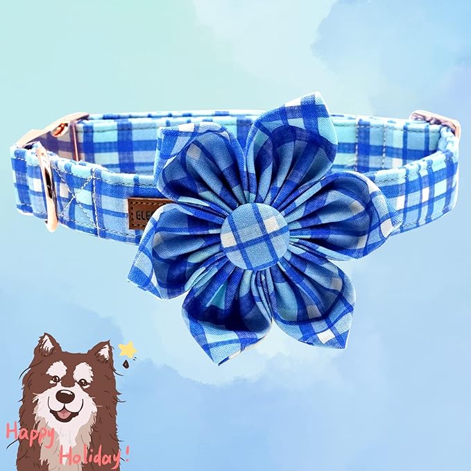 Elegant Little Tail Blue Plaid Flower Collar - Soft, Adjustable for Medium Dogs