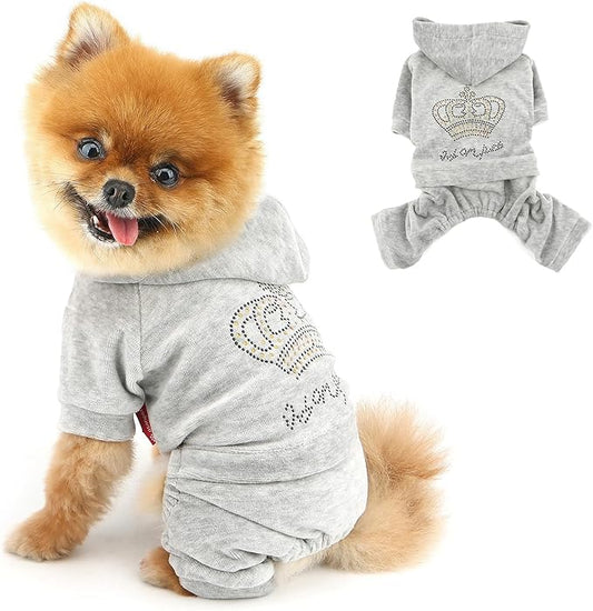 SELMAI Girl Dog Clothes for Small Dogs Cute Doggie Outfits Rhinestone Crown Stretchy Puppy Pajamas Soft Velvet Hoodie 4 Legged Jumpsuit Lightweight Pet Tracksuit Cat Apparel Leash Hole