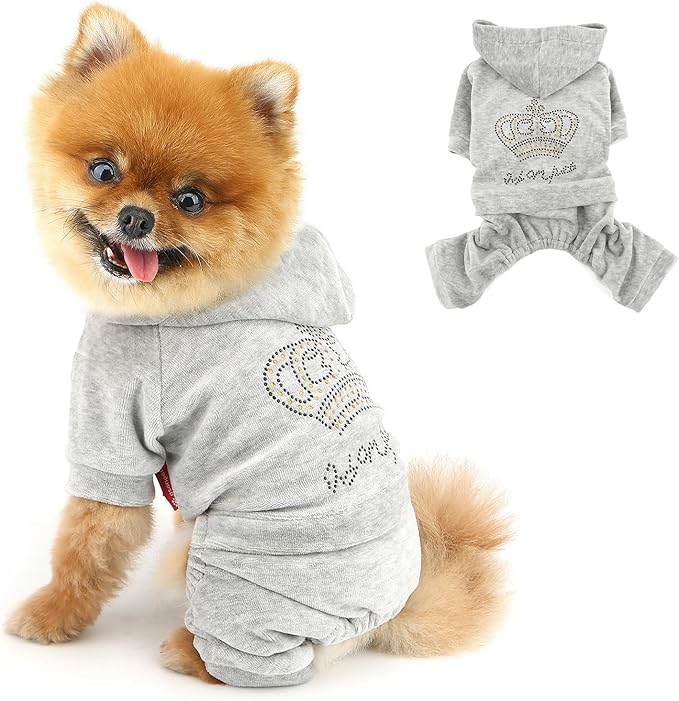 SELMAI Girl Dog Clothes for Small Dogs Cute Doggie Outfits Rhinestone Crown Stretchy Puppy Pajamas Soft Velvet Hoodie 4 Legged Jumpsuit Lightweight Pet Tracksuit Cat Apparel Leash Hole