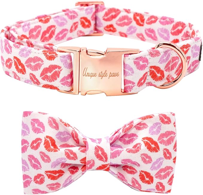 Unqiue Style Paws Valentine's Lips Dog Collar, Soft and Cute Dog Bow Tie, Holiday Durable Pet Collar with Bow Adjustable Collar for Large Dogs