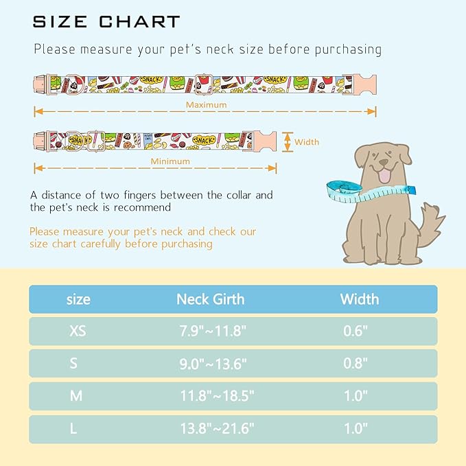Faygarsle Snack Pattern Dog Collar for Small Medium Large Dogs Cute Puppy Collars for Female Dogs for Summer Spring Wedding Necklace Girl Dog Collar M