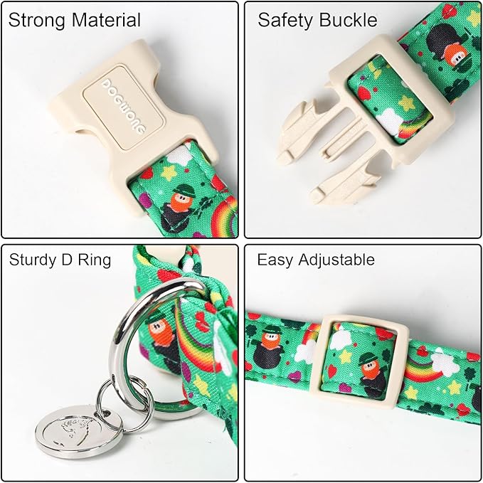 DOGWONG St. Patrick's Day Dog Collar, Lucky Clover Shamrock Green, Medium, Soft Durable Adjustable Costume Bright Lucky Charm Puppy Collar for Small to Large Dogs