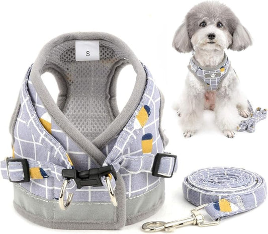Zunea No Pull Small Dog Harness and Leash Set Adjustable Reflective Step-in Chihuahua Vest Harnesses Mesh Padded Plaid Escape Proof Walking Puppy Jacket for Boy Girl Pet Dogs Cats Gray M