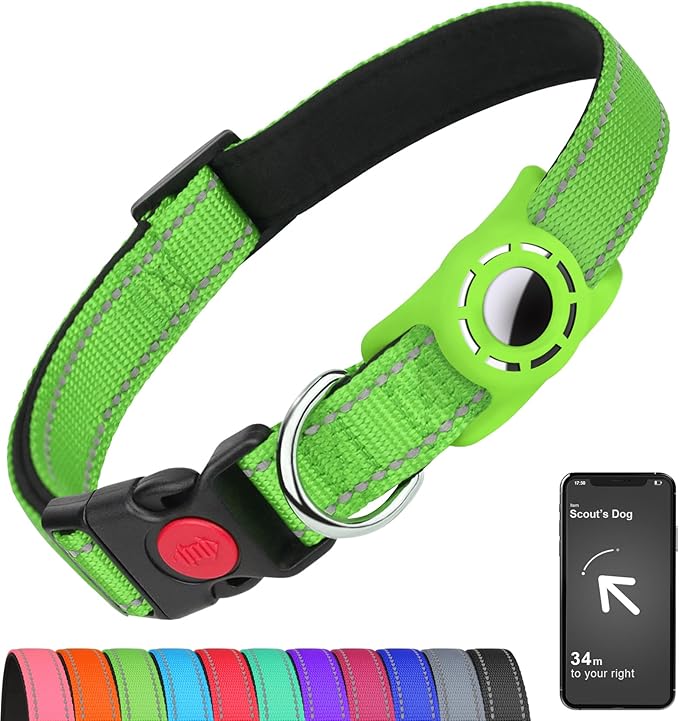 Airtag Dog Collar with AirTag Holder for Puppy Small Dogs, Reflective, Soft Padded & Safety Locking Buckle, Nylon Pet Collars Adjustable for All Breeds, Green,XS