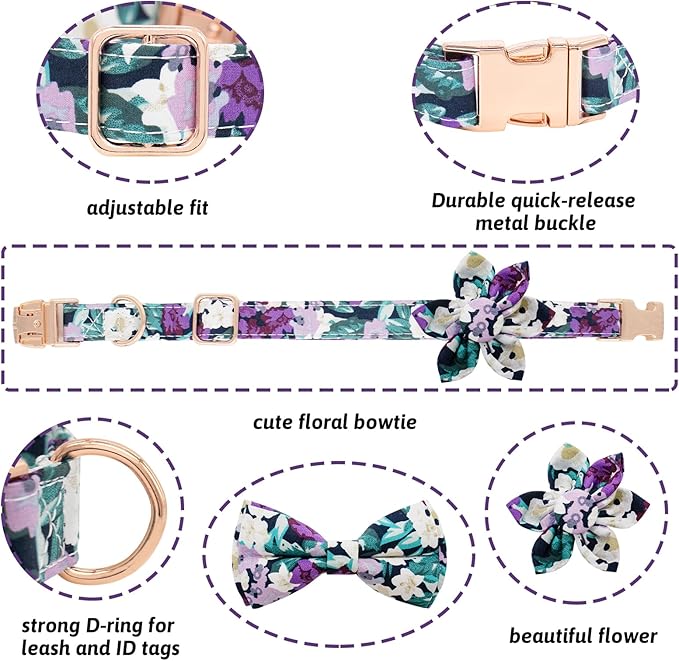 Dog Collar and Leash Set Girls Adjustable Puppy Collars with Floral Bow Tie for Small Medium Large Female Dogs, Purple Green Flower, XS