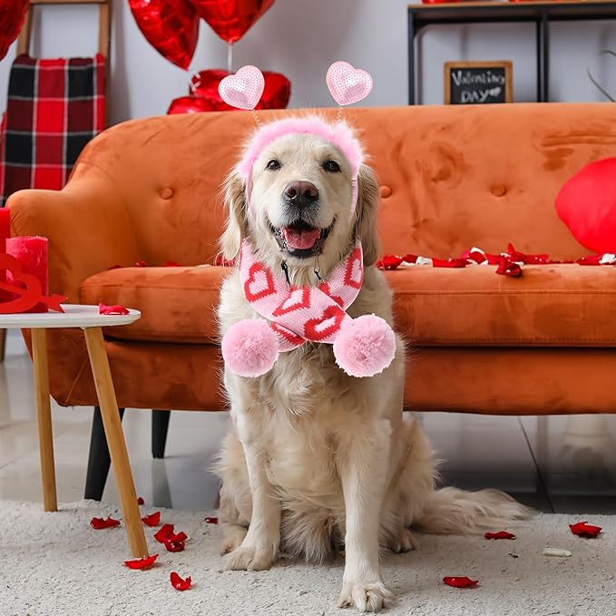 3 Pcs Valentine's Day Dog Costume Set Including Pink Valentines Love Headband Valentines Dog Tutu Dress Cute Pet Tutu Pink Valentines Pet Scarf for Medium Dogs Holiday Outfit Accessory