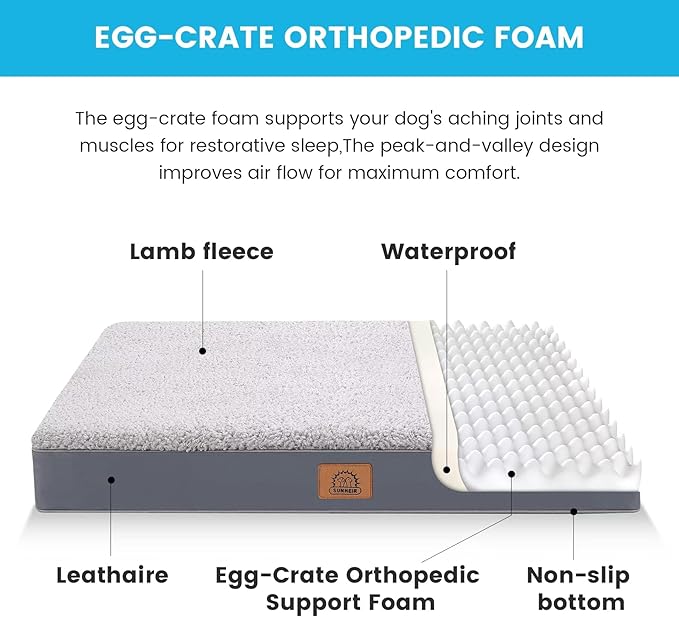 Orthopedic Dog Bed for Large Dogs and Extra Large Dogs, XL Waterproof Dog Bed with Removable Washable Cover & Anti-Slip Bottom, Crate Bed, Deluxe Plush Pet Bed Mat, L-Plus(36"X27"X3"), Grey