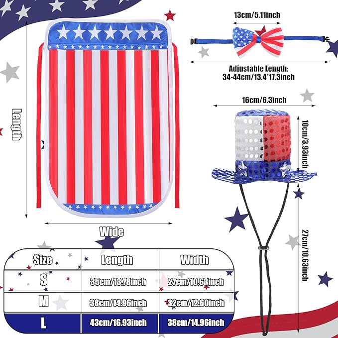 JaGely 3 Pcs 4th of July Dog Outfit Independence Day Costume Set Includes Dog Top Hat, American Flag Bow Tie Collar and Cape Patriotic Pet Cats Puppy Clothes (L,Fashion)