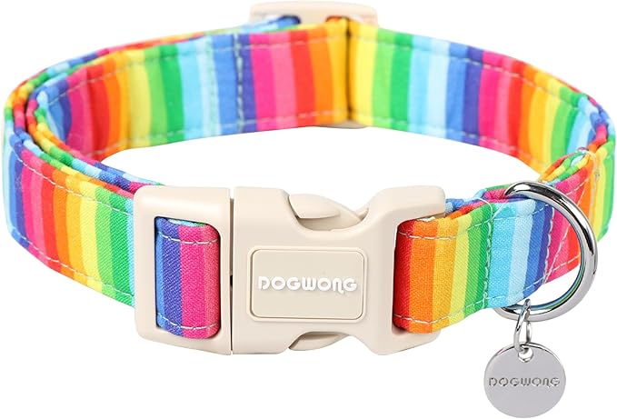 DOGWONG Cotton Dog Collar, Rainbow Dog Collar Durable Soft Natural Fabric Pet Dog Collar Cute LGBTQ Puppy Necklace for Small Medium Large Dog