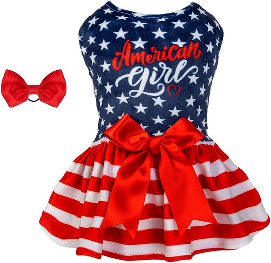 CuteBone Dog Dresses Velvet 4th of July Small Dogs Clothes Onesie Pet Apparel Girl Puppy Skirt with Bow Hair Rope CVA39XS-D