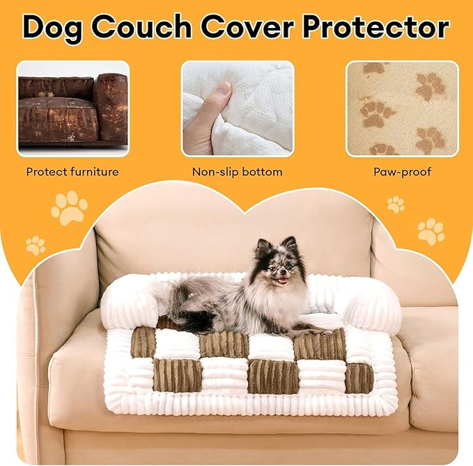 FUNNY FUZZY Pet Couch Covers for Sofa, Dog Couch Cover Protector 27.56×25.59" Cozy Cream Plaid Washable Pet Bed Mat for Furniture Sofa Cover for Dogs Cats, Small, Light Brown