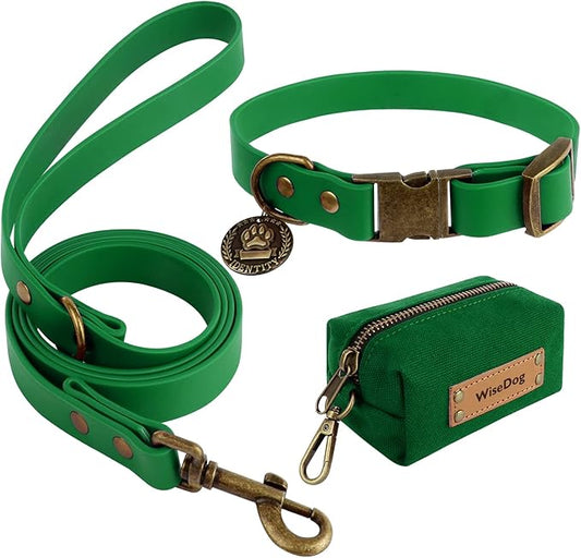 Wisedog Dog Collar and Leash Set Combo: Adjustable Durable Pet Collars with Dog Leashes for Small Medium Large Dogs, Includes One Bonus of Poop Bag Holder (L, Deep Green)