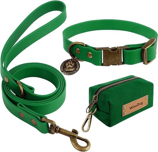 Wisedog Dog Collar and Leash Set Combo: Adjustable Durable Pet Collars with Dog Leashes for Small Medium Large Dogs, Includes One Bonus of Poop Bag Holder (M, Deep Green)