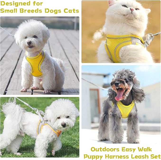 Soft Small Dog Harness and Leash Set Mesh Puppy Harnesses Leash Easy Walk Dog Harness Vest Adjustable Reflective No Pull Dog Harnesses for Small Dogs Cats (Yellow Grey,S)