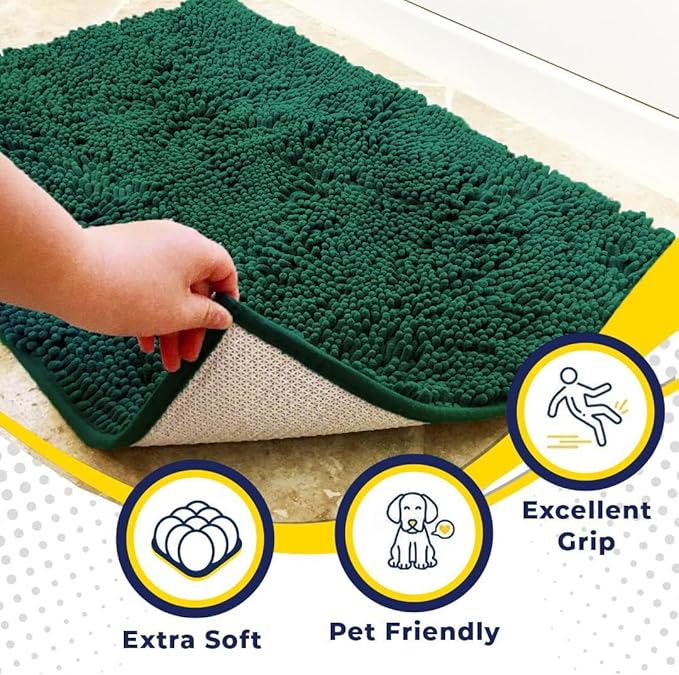 Muddy Mat® Shown on TV – Super Absorbent Microfiber Dog Door Mat for Muddy Paws, Non-Slip Washable Pet Rug, Quick Dry Chenille Entryway Carpet, Machine Washable Indoor Outdoor mat, Dark Green 35"x24"
