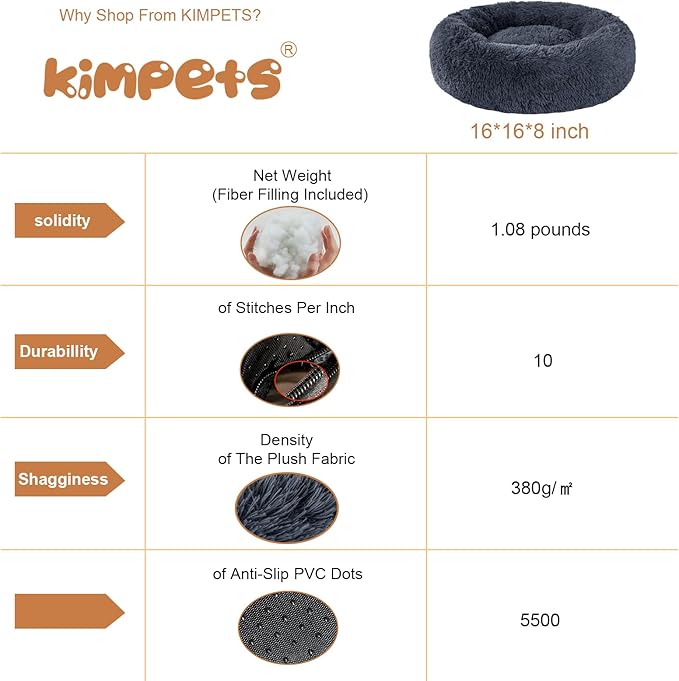 Dog Calming Beds for Small Medium Large Dogs - Round Donut Washable Puppy Dog Bed, Anti-Slip Faux Fur Fluffy Donut Cuddle Anxiety Cat Pet Bed(16" Dark Grey)